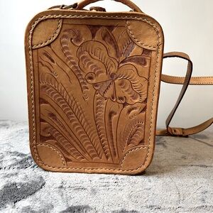 Artisan Floral Crossbody Purse, Vintage Hand Tooled Leather